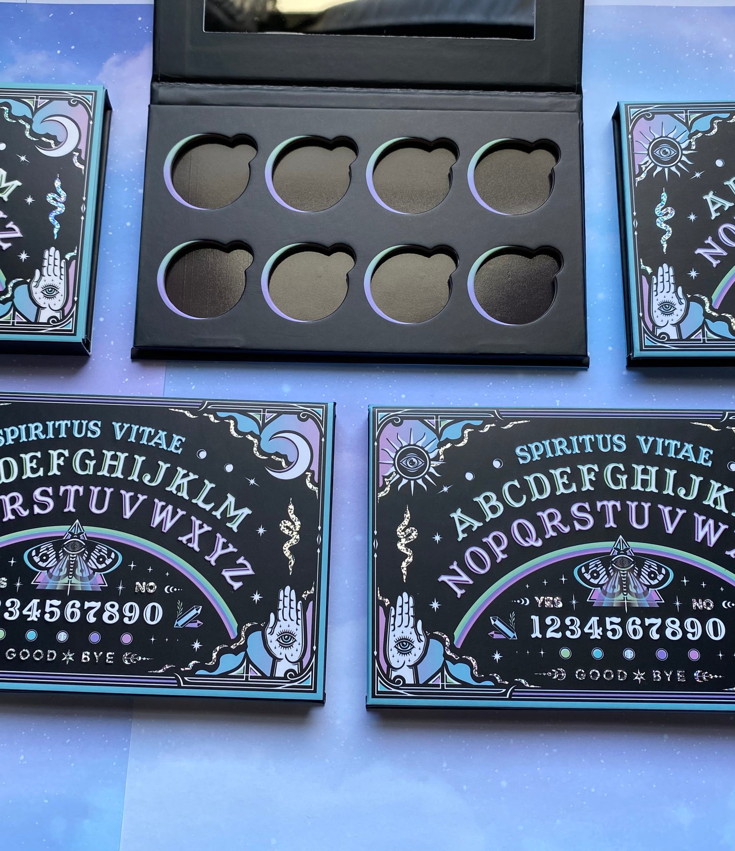 Close up look at the spiritus vitae magnetic palette, showing the inside design, with easy to remove slots