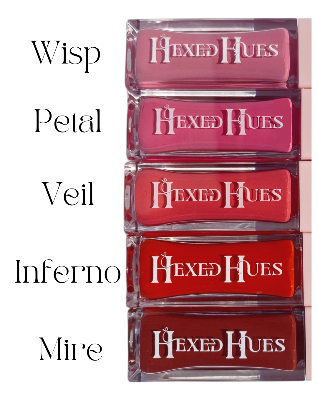 Hexed Hues blush bottles in various shades with names below on a white background
