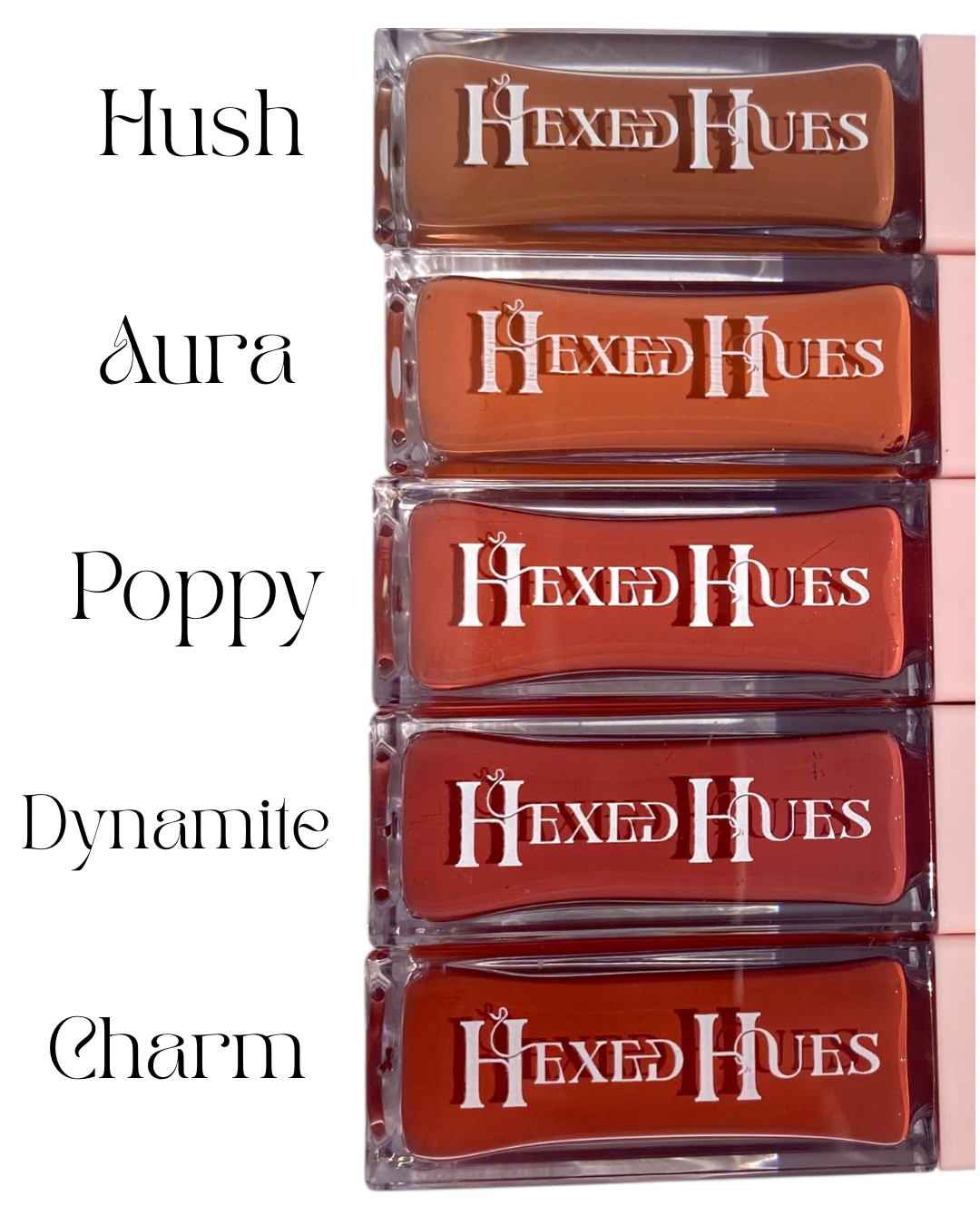Hexed hue blush bottles, with the shade names printed beside them on a white background