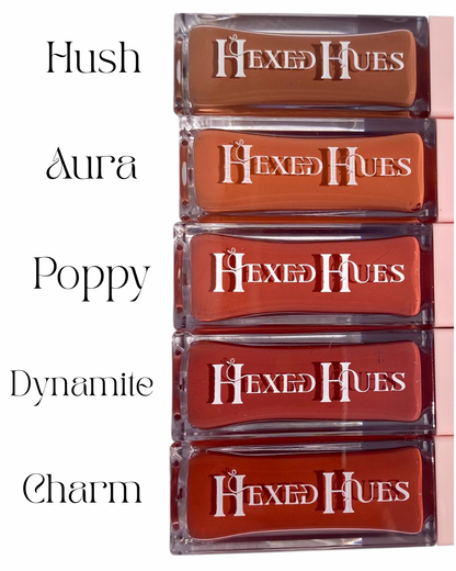 Hexed hue blush bottles, with the shade names printed beside them on a white background