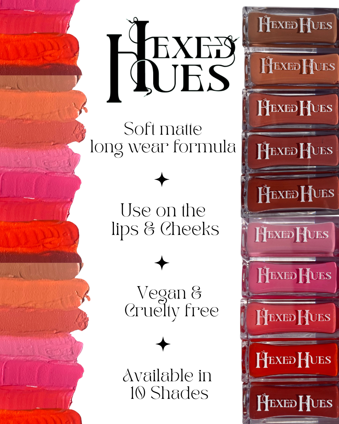 Hexed Hues bottles, and color swatches with product details, on a white background